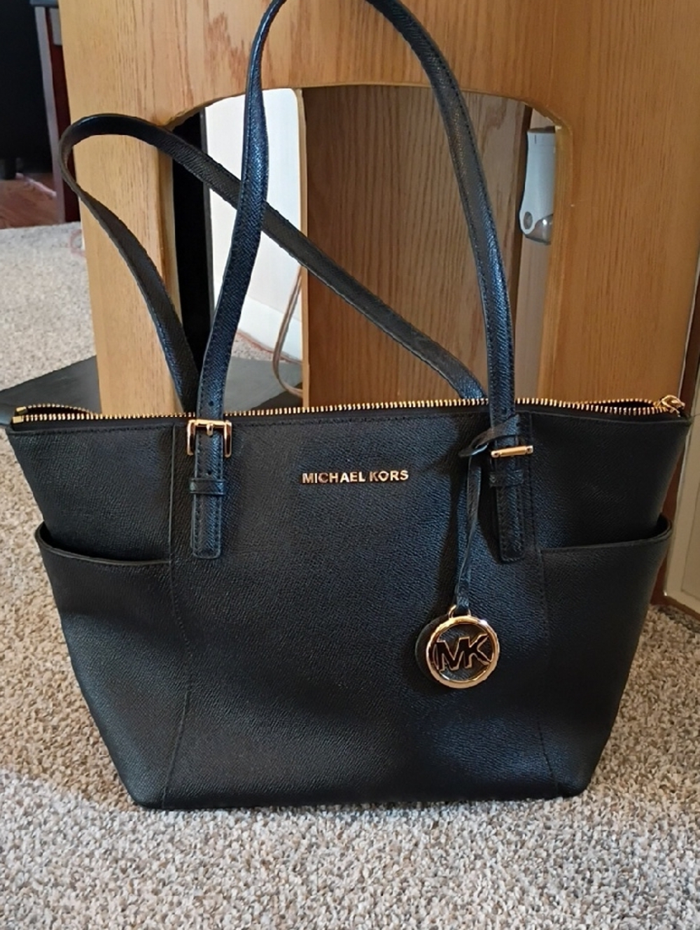Michael Kors Jet Set Top Zip Black Leather Tote with Gold MK Charm